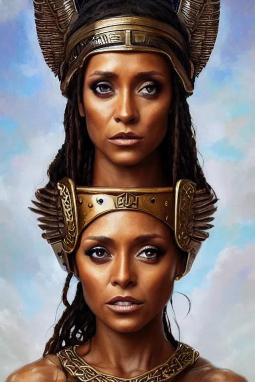 Image similar to melanie brown ( spice girls ) as greek goddess athena, hyper realistic face, beautiful eyes, fantasy art, in the style of greg rutkowski, intricate, hyper detailed, smooth