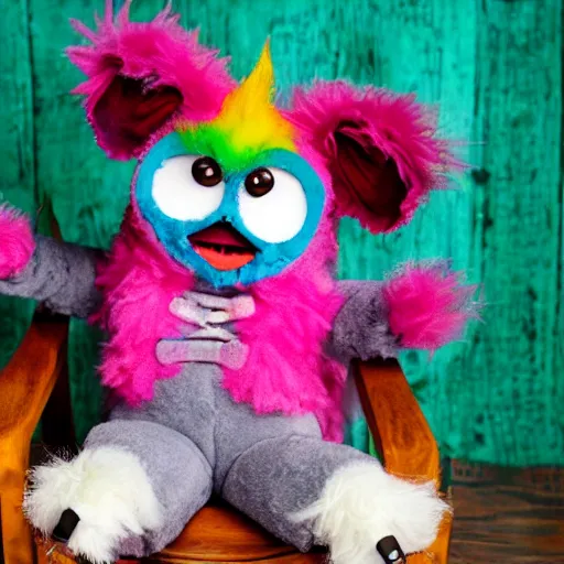 Image similar to an adorable fluffy furby muppet plush character with big gremlin ears and funfetti cake coloring wearing a little clown outfit and sitting on a wooden chair