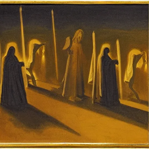 Image similar to A Holy Week procession of four souls in a Spanish landscape at night. A figure at the front holds a cross. By Carl Gustav Carus, Edward Hopper. Symetrical, logo, geometric shapes.