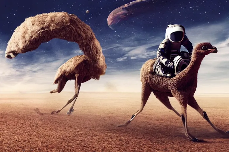 Image similar to an astronaut riding the fastest ostrich in a race, cinematic imax shot, retro, hyper detailed, windy mane, motion still