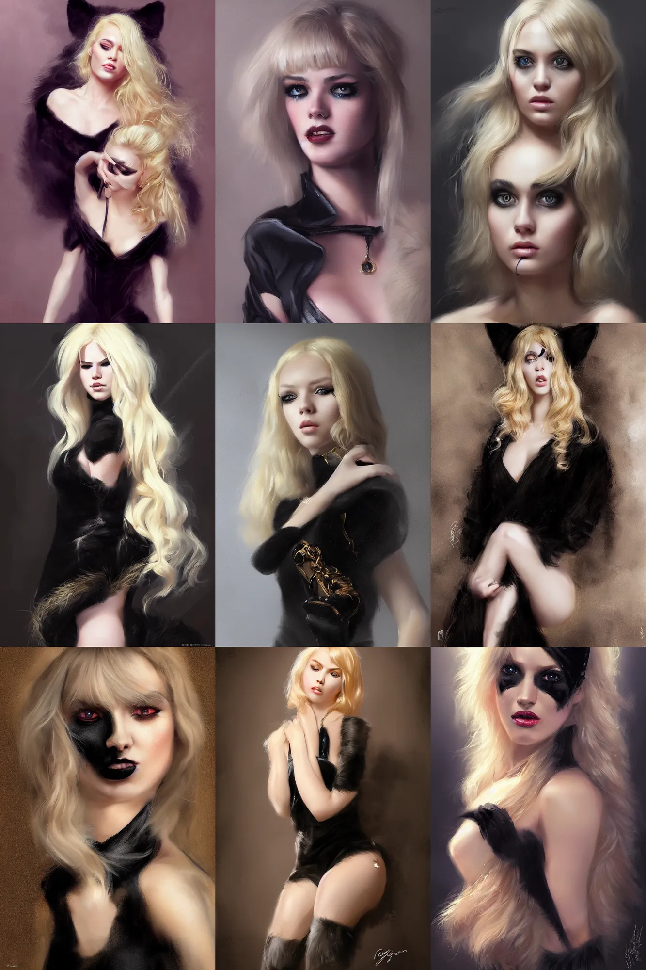 Prompt: blonde woman 2 0 yo in a black velvet cat costume, high quality theatre costume, fashion, dramatic lighting, highly detailed, digital painting, 3 d render, hyper realistic detailed portrait, greg rutkowski, wlop, artgerm