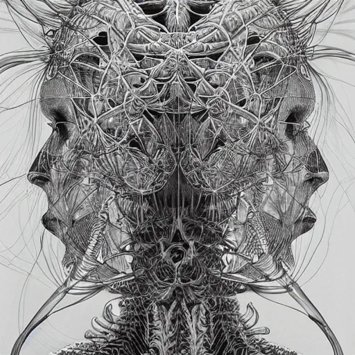 Prompt: hyper detailed bw linear pencil drawing, woman portrait, cyberpunk, organic symmetric shapes by ernst haeckel