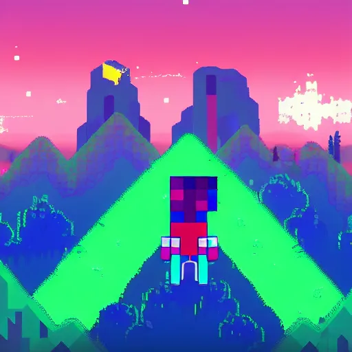 Image similar to windows xp background in the style of hyper light drifter pixel art