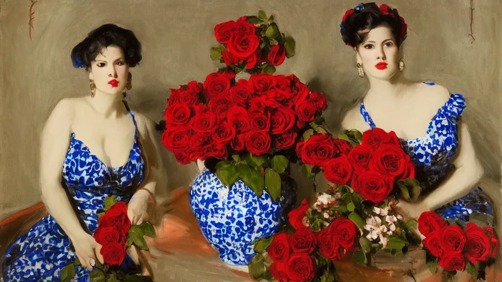 Image similar to portrait of rebekah delrio in lynch pattern, big persian detailed pot of red roses, blue and red lights painted by john singer sargent