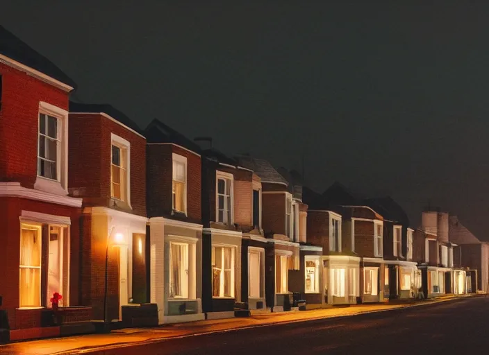 Prompt: small suburban houses in London at night inspired by Edward Hopper, Photographic stills, photography, fantasy, moody lighting, dark mood, imagination, cinematic