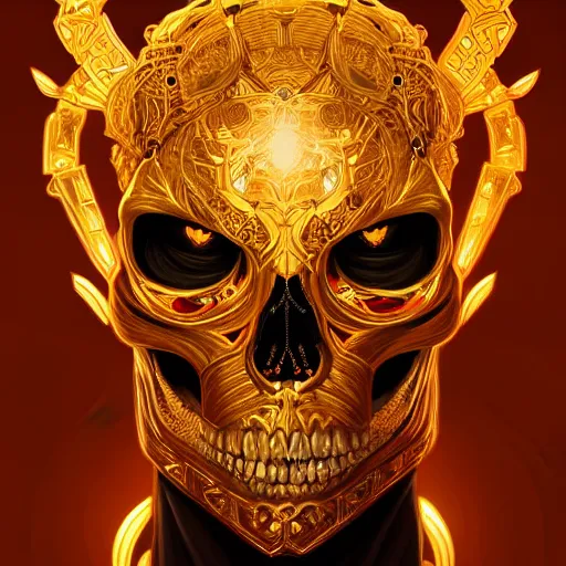 Image similar to symmetry!! portrait of golden! skull warrior, glowing eyes!! intricate, elegant, highly detailed, digital painting, artstation, concept art, smooth, sharp focus, illustration, art by artgerm and greg rutkowski and alphonse mucha