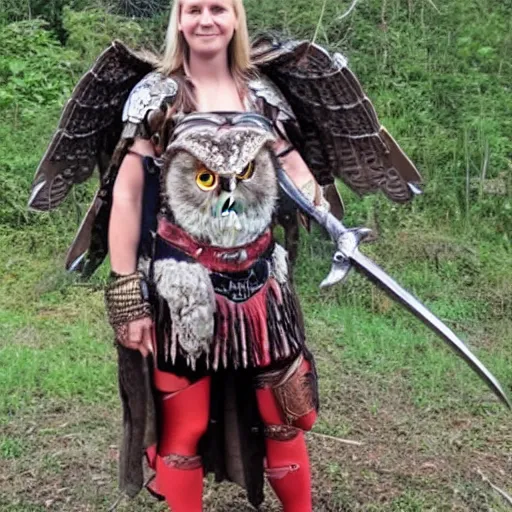 Prompt: full body photo of a female warrior wearing owl armour