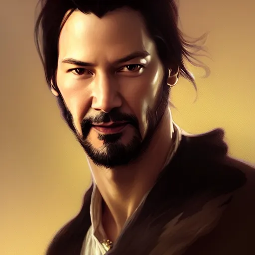 Image similar to Portrait of Keanu, D&D, face, fantasy, intricate, elegant, highly detailed, digital painting, artstation, concept art, smooth, sharp focus, illustration, art by artgerm and greg rutkowski and alphonse mucha