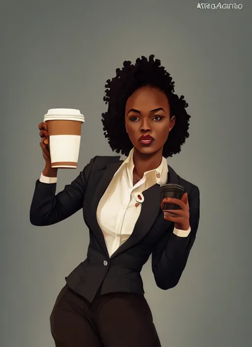 Image similar to detailed digital painting of beautiful black woman with natural hair in corporate attire holding a steaming coffee mug, fanart behance trending on artstation, concept art, matte, sharp focus, illustration, corner office background, hearthstone, art by artgerm and greg rutkowski and alphonse mucha