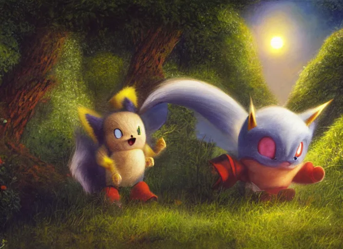 Image similar to kirby, Pikachu and sonic the hedgehog hybrid in the Shire by Alan Lee, moonlight, concept art, detailed clothing, art station, oil painting