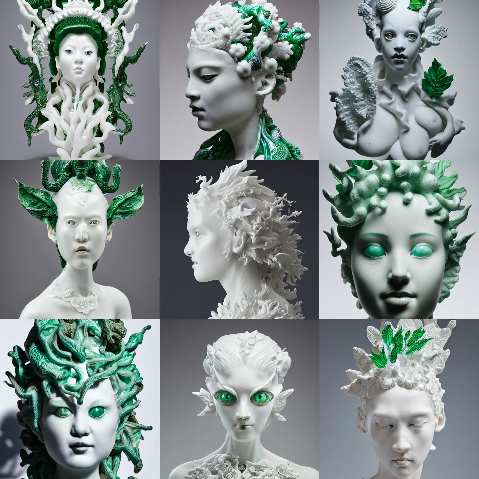 Prompt: full head and shoulders, beautiful female white, porcelain sculpture, with lots of ornate emerald leaf 3 d chinese dragons attached to head by daniel arsham and james jean, on a white background, delicate facial features, white eyes, white lashes