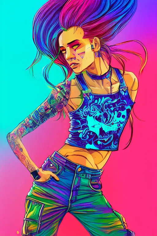 Image similar to a award winning half body portrait of a beautiful woman with stunning eyes in a printed croptop and cargo pants with rainbow colored ombre hairstyle head in motion and hair flying by josan gonzales, outrun, vaporware, shaded flat illustration, digital art, trending on artstation, highly detailed, fine detail, intricate