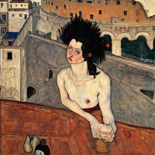 Prompt: a highly detailed painting by egon schiele and caravaggio of a young woman with long black hair having an existential crisis on a terrace overlooking the colosseum, 4 k