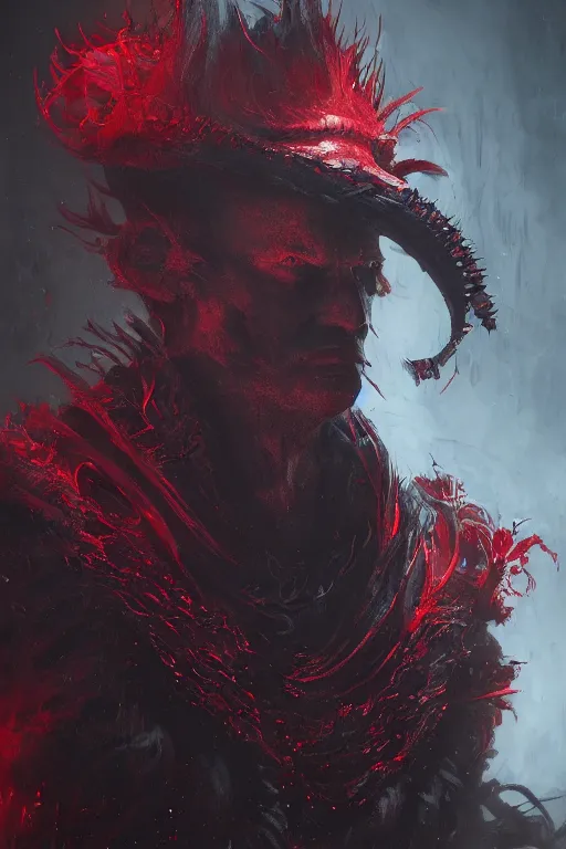 Prompt: A fancy portrait of a red demon by Greg Rutkowski, Sung Choi, Mitchell Mohrhauser, Maciej Kuciara, Johnson Ting, Maxim Verehin, Peter Konig, Bloodborne, 8k photorealistic, cinematic lighting, HD, high details, dramatic, dark atmosphere, trending on artstation