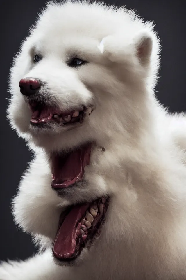 Prompt: samoyed dog head on a human body as a muay thai kickboxer, world championship fight, photorealistic, cinematic lighting, film still