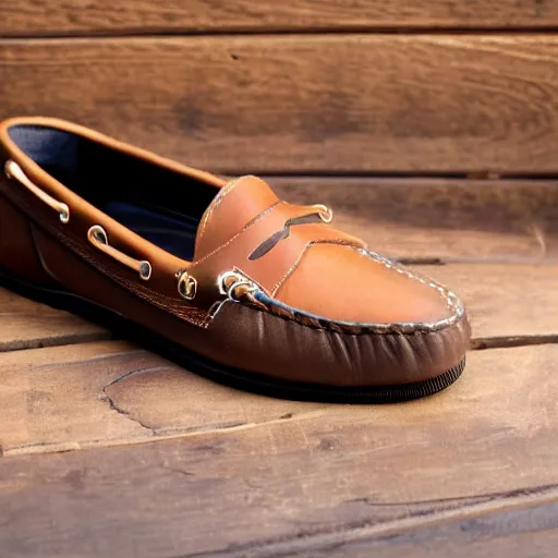 Prompt: sperry brown leather moccasins with extra long toe points, photorealistic