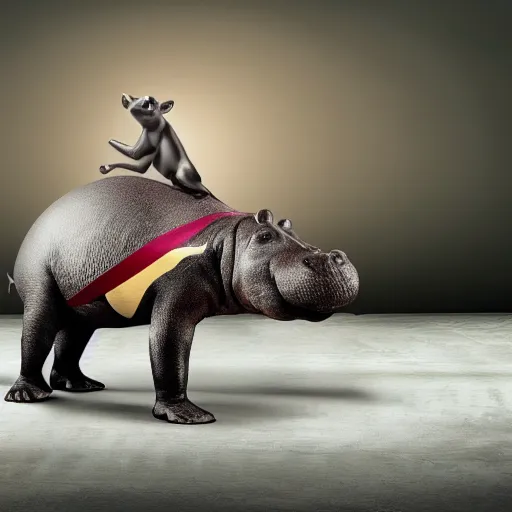 Prompt: Anthropomorphic hippopotamus doing ballet, flashy modern vibrant background with black stripes