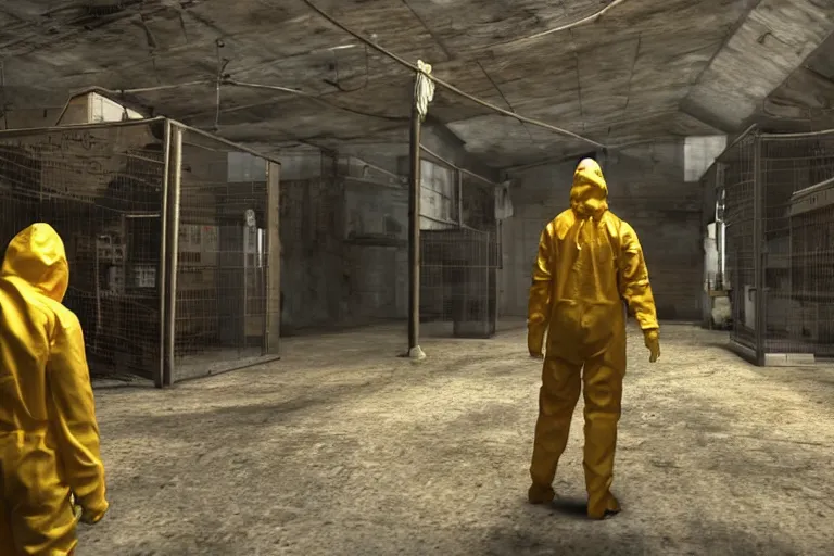 Prompt: a man in a hazmat suit deals with monsters, science lab setting, in the style of silent hill, octane