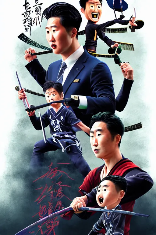Prompt: an epic comic book style full body portrait painting of harry kane and son heung-min as samurais, elegant, character design by Mark Ryden and Pixar and Hayao Miyazaki, unreal 5, DAZ, hyperrealistic, octane render, cosplay, RPG portrait, dynamic lighting, intricate detail, summer vibrancy, cinematic