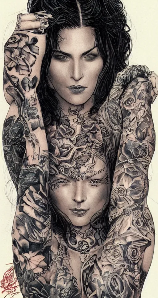 Prompt: a beautiful portrait of a woman with many tattoos, Travis Charest style