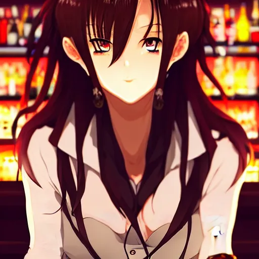 Image similar to Masculine looking anime girl at a bar drinking a beer, warm glow from the lights, angle that looks up at her from below, deviantart, pixiv, detailed face, smug appearance, beautiful anime, obviously drunk with reddish cheeks, detailed anime eyes with pupils, in the style of Demon Slayer