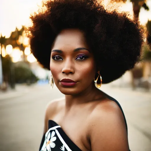 Image similar to portrait photograph of an elegant black woman wearing a sundress in Santa Monica. super resolution. 85 mm f1.8 lens.bokeh.graflex. Alessio albi