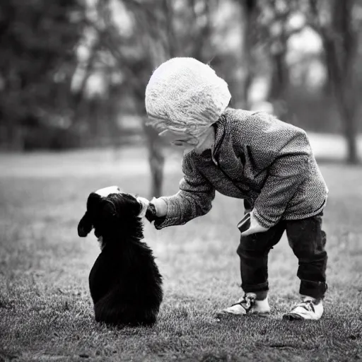 Prompt: a short guy playing with his black and white dog