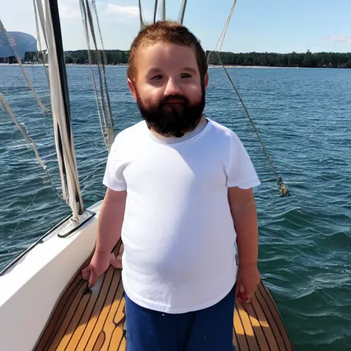 Prompt: a short fat bearded boy on a sailboat