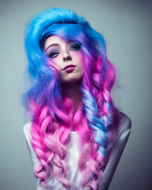 Prompt: a dramatic lighting photo of a beautiful young woman with cotton candy hair. with a little bit of cyan and pink