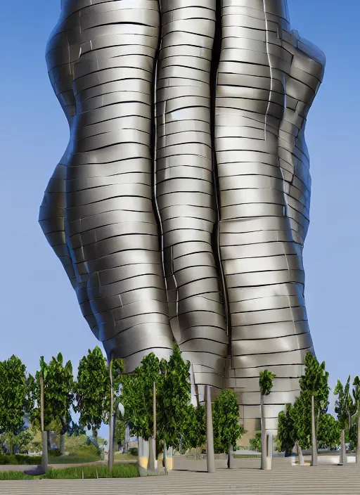 Image similar to highly detailed realistic architecture 3 d render of a futurisctic stele monument in frank gehry style made from atoms standing near a highway, archdaily, made in unreal engine 4 octane render