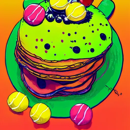 Prompt: a tennis ball monsters eating fluffy lush pancakes with butter and syrup, colorful, digital art, fantasy, magic, chalk, trending on artstation, ultra detailed, professional illustration by basil gogos