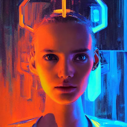 Image similar to 3 d, sci - fi, morning, sleepy fashion model face, sun, neon, cinematic, lightning clouds, vogue cover style, poster art, light orange and deep blue mood, realistic painting, intricate oil painting, high detail, figurative art, multiple exposure, poster art, 3 d, by tooth wu and wlop and beeple and greg rutkowski