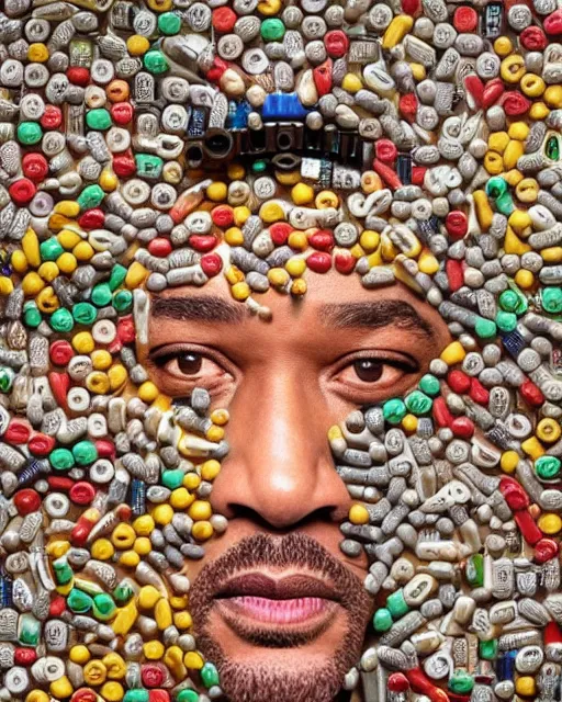 Image similar to will smith made out of pills, human face made out of pills, professional food photography, by giuseppe arcimboldo