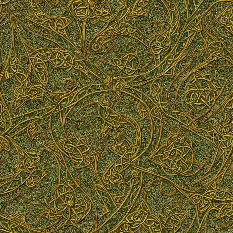 Prompt: medieval celtic arabic ornament with mystic birds and flowers, highly detailed, photorealistic, octan render, 3 d, green and gold, fractal, mandelbrot,