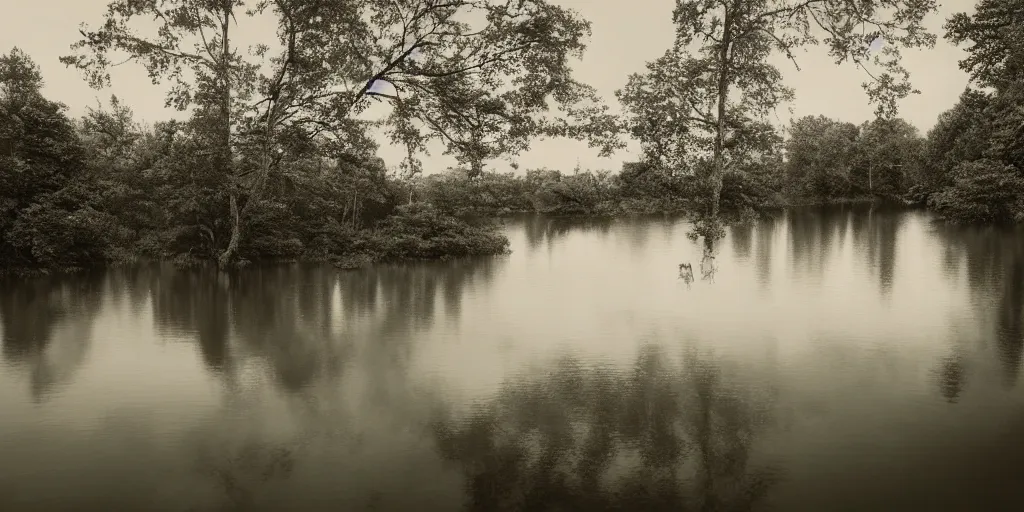 Prompt: centered photograph of a long rope zig zagging across the surface of the water, floating submerged rope stretching out towards the center of the lake, a dark lake on a cloudy day, color film, trees in the background, hyperedetailed photo, moody volumetric, anamorphic lens