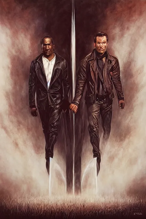 Prompt: a man in a brown leather jacket and a black man in a white shirt. in the style of of true detective fanfare. art by tomasz alen kopera and glenn fabry.