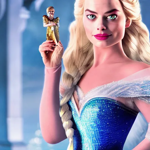 Image similar to Margot Robbie as Elsa in disney frozen live action, 8k full HD photo, cinematic lighting, anatomically correct, oscar award winning, action filled, correct eye placement,