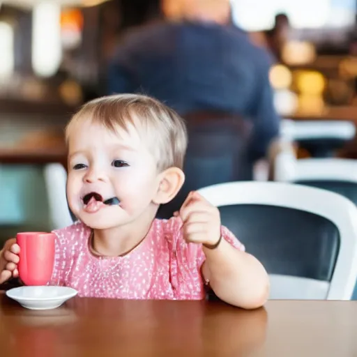 Prompt: a toddler sipping an espresso in a coffee shop