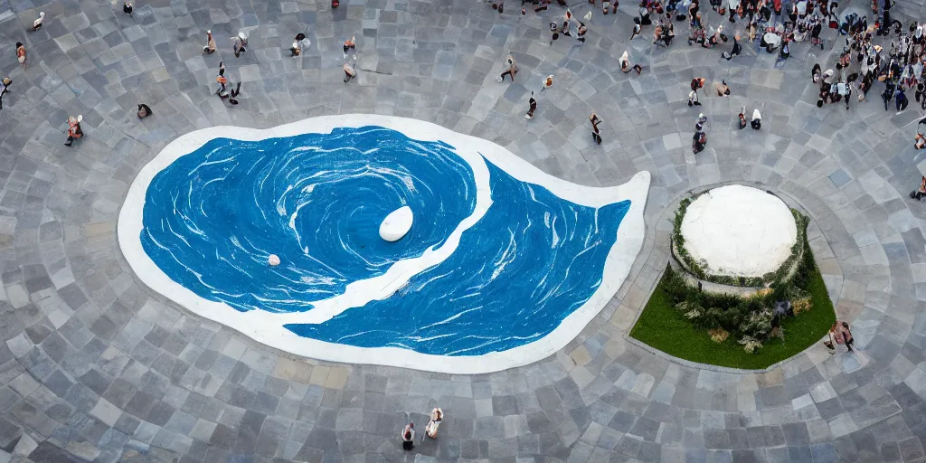 Prompt: A white and blue marble sculpture of The Great Wave off Kanagawa in the middle of an empty Italian piazza, midday, 4k photograph, sunny day, long shot, overhead view, far away