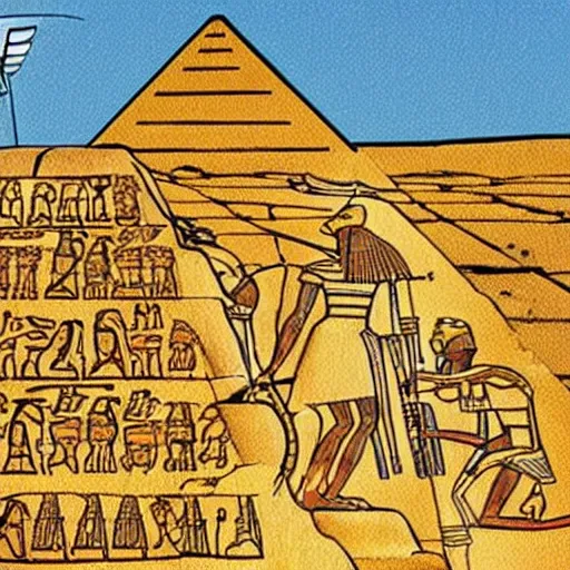 Image similar to ancient egyptian hieroglyphics of kermit the frog building the pyramids from a flying saucer