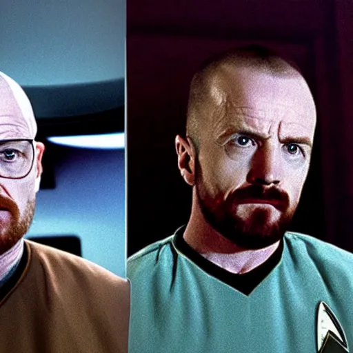 Image similar to walter white and jesse pinkman in star trek, still from star trek