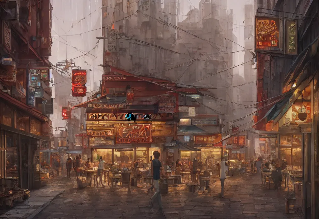 Prompt: A highly detailed matte painting of an Italian pizzeria in new york by Studio Ghibli, Makoto Shinkai, by Artgerm, by WLOP, by Greg Rutkowski, volumetric lighting, cyberpunk, octane render, 4K resolution, trending on artstation, masterpiece