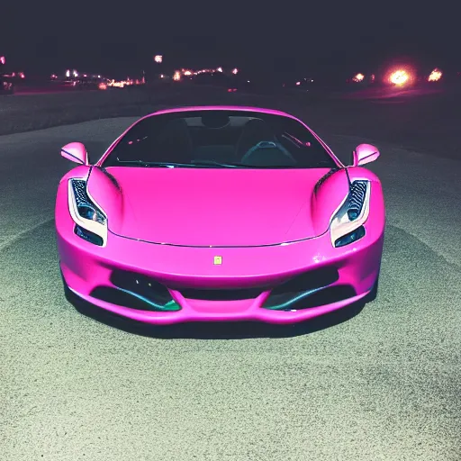Prompt: a photograph of a pink ferrari parked in a parking spot at night with the lights on