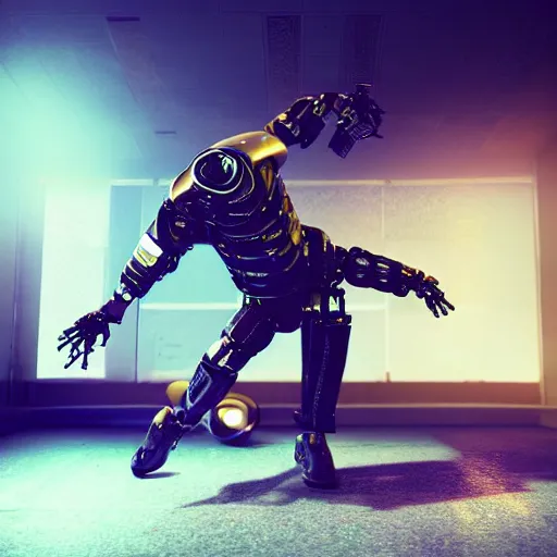 Prompt: break dancing gangsta robot, expressive, photo realistic, dramatic cinematic lighting, octane render, 4k, ultra detailed,