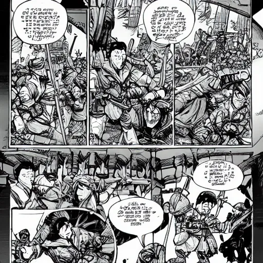 Prompt: large scale battle comic highly detailed in the style of olivier ledroit