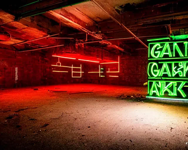 Image similar to An abandoned industial basement lit by a neon sign that says GAK, GAK sign, basement, cinematography by Robby Müller, GAK basement, industrial