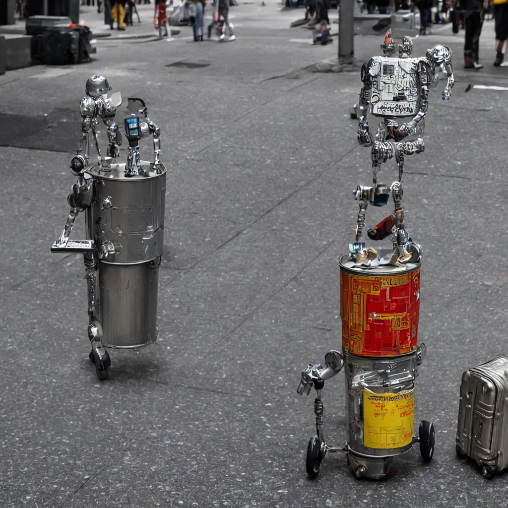 Image similar to a tin can robot with luggage in new york, Carl Zeiss 85mm lens, bokeh