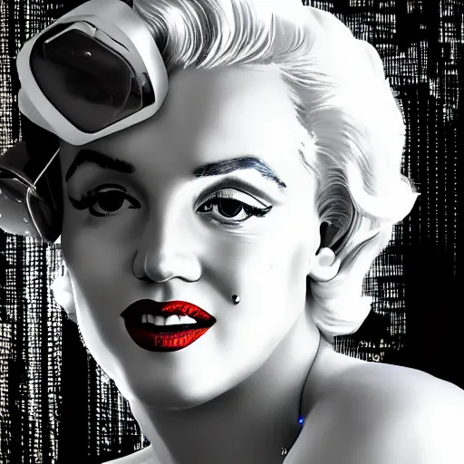 Prompt: marilyn monroe portrait, cyberpunk vr headset, futuristic, wires, neon hard lights, realistic, detailed, photography, vogue photoshoot