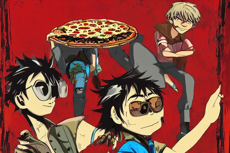 Prompt: pizza restaurant, akira's motorcycle, gorillaz, poster, 8k