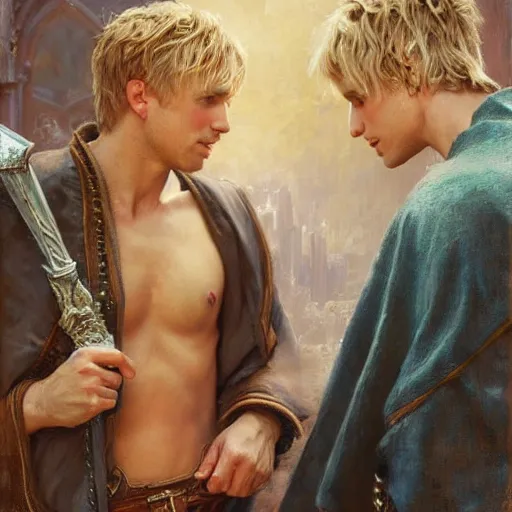 Prompt: attractive male, blond hair arthur pendragon confesses his love to attractive male dark harried merlin. highly detailed painting by gaston bussiere, craig mullins, j. c. leyendecker 8 k